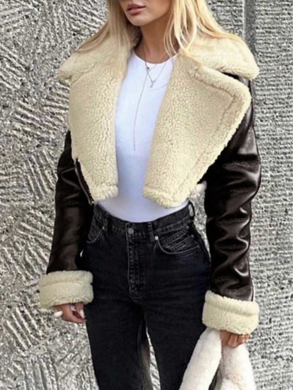 Brown Casual Women's Teddy Fleece Lined faux fur cropped Motorcycle Jacket - Picture 5 of 9